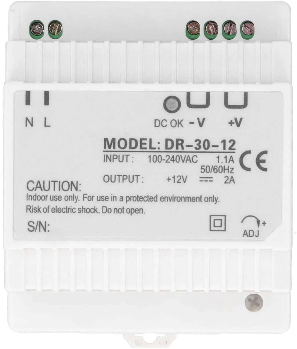 Compact grey ABS DIN-rail power supply with terminal blocks