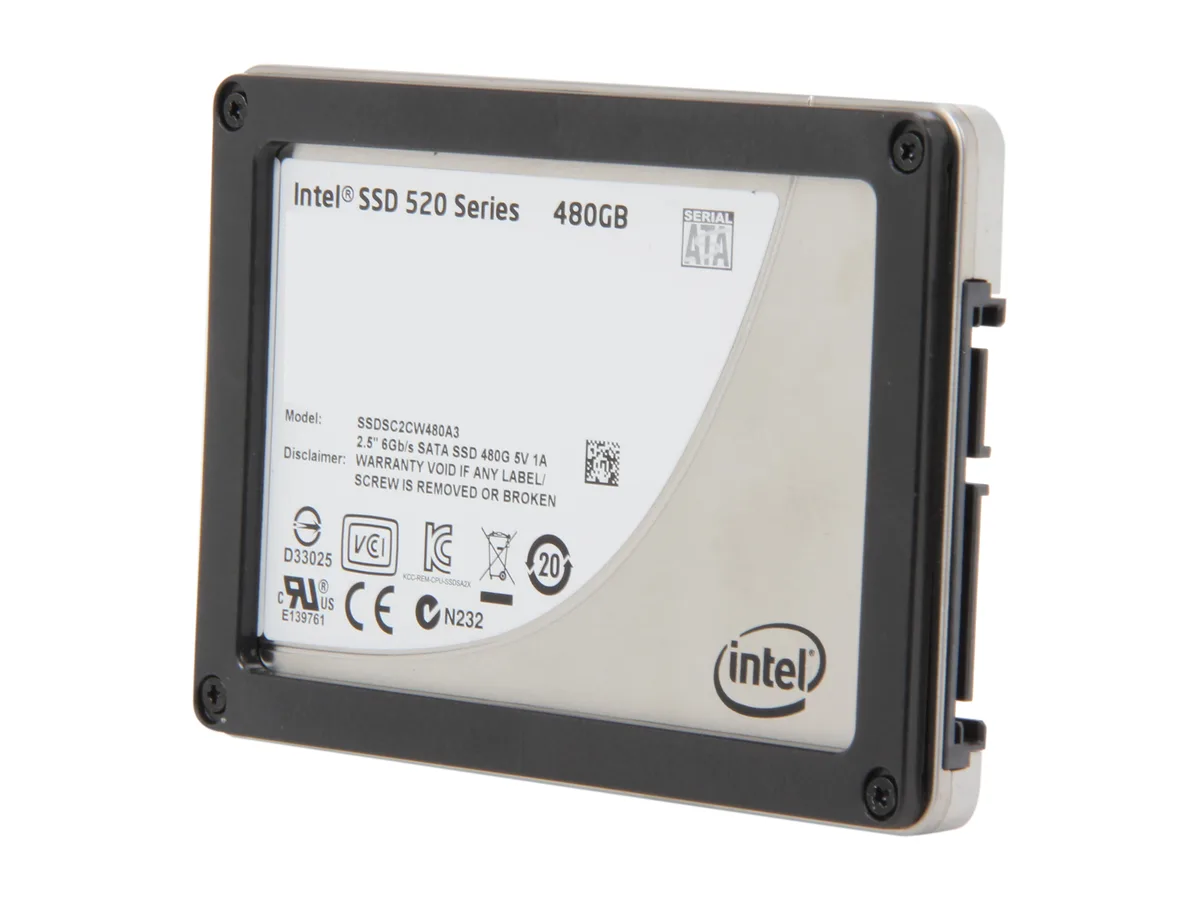 Silver 2.5 inch SATA SSD with black label showing Intel 520 Series 480GB