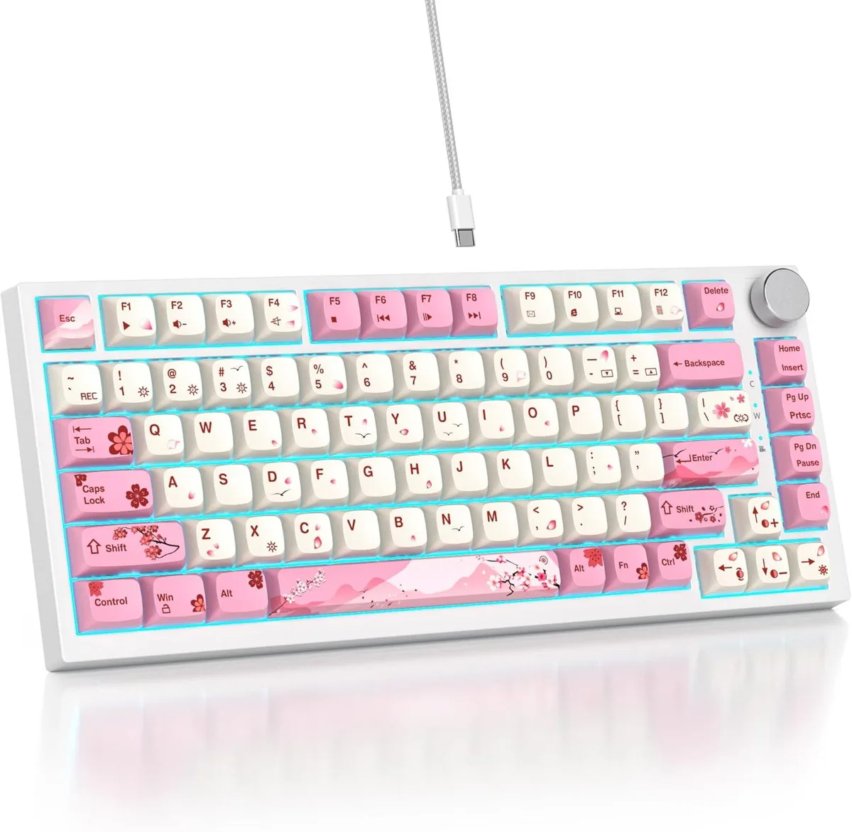 Pink 75% mechanical keyboard, 82 keys, volume knob, PBT keycaps, RGB lighting