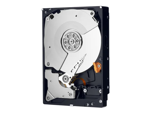 Silver 3.5 inch bare hard drive with green circuit board visible
