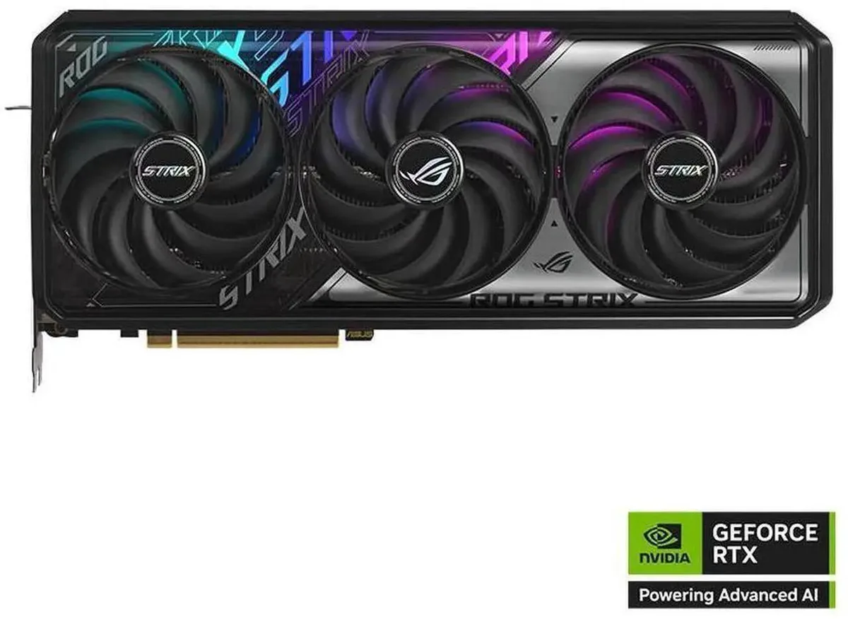 ASUS ROG STRIX GeForce RTX 5070 graphics card with triple-fan cooler in dark finish
