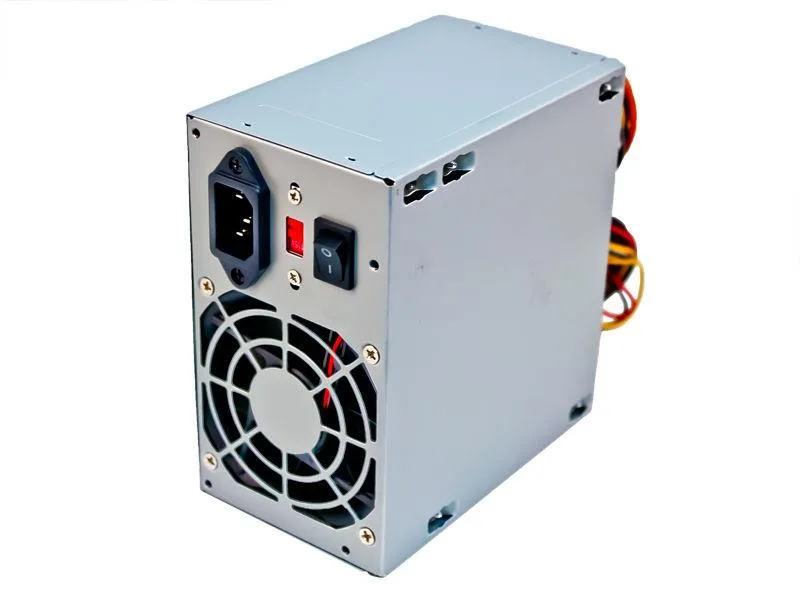 Grey ATX power supply unit with single fan and multiple cables