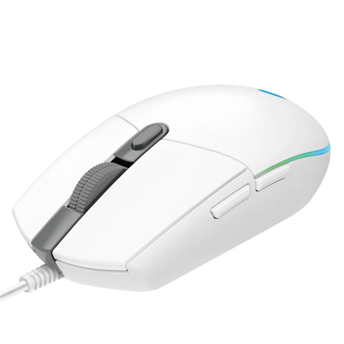 White wired gaming mouse, symmetrical shape, RGB lighting, 85 g weight