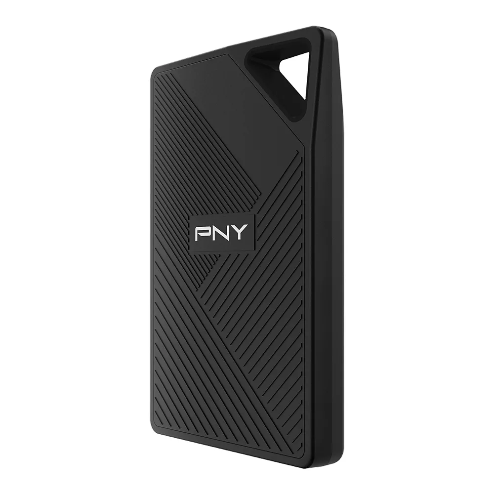 Compact rectangular portable SSD with rounded edges, dark matte finish and a small clip loop on one corner