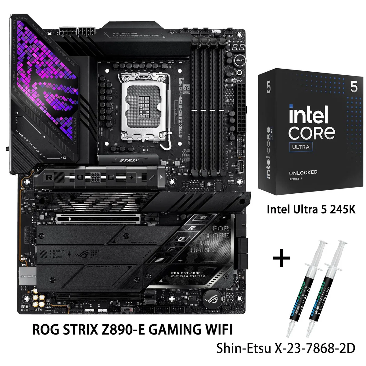 Black ATX motherboard with silver heatsinks and integrated I/O shield, boxed Intel Core Ultra 5 245K CPU alongside