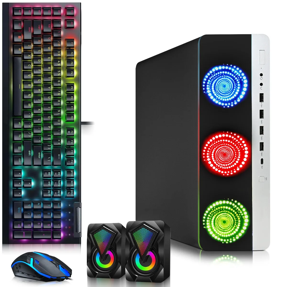 Black HP EliteDesk 800 G3 small form factor tower with RGB keyboard and mouse