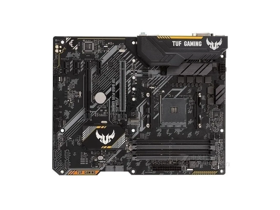 ATX motherboard in black and yellow with silver heatsinks