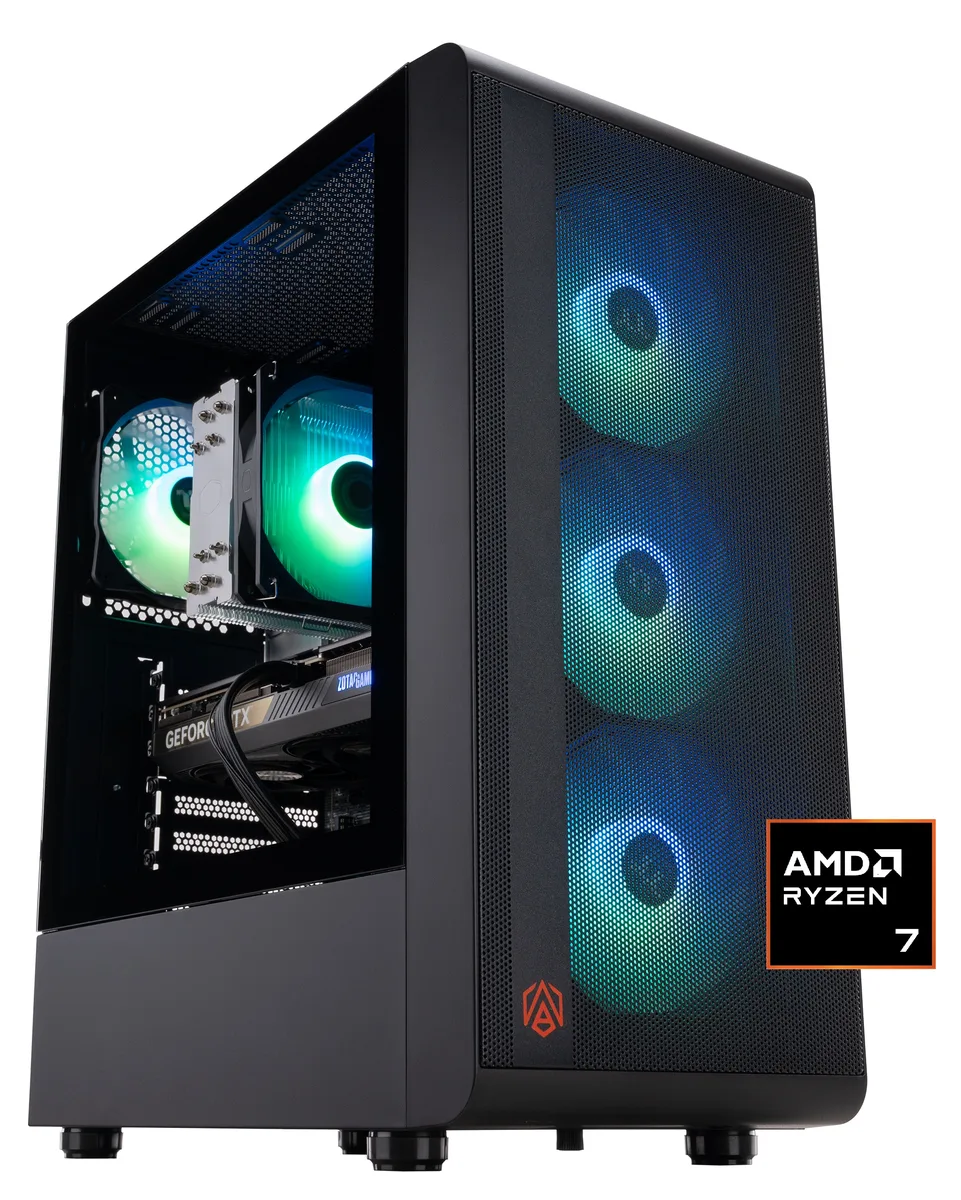 Black mid-tower gaming desktop with RGB-lit RAM and air cooler visible through side panel