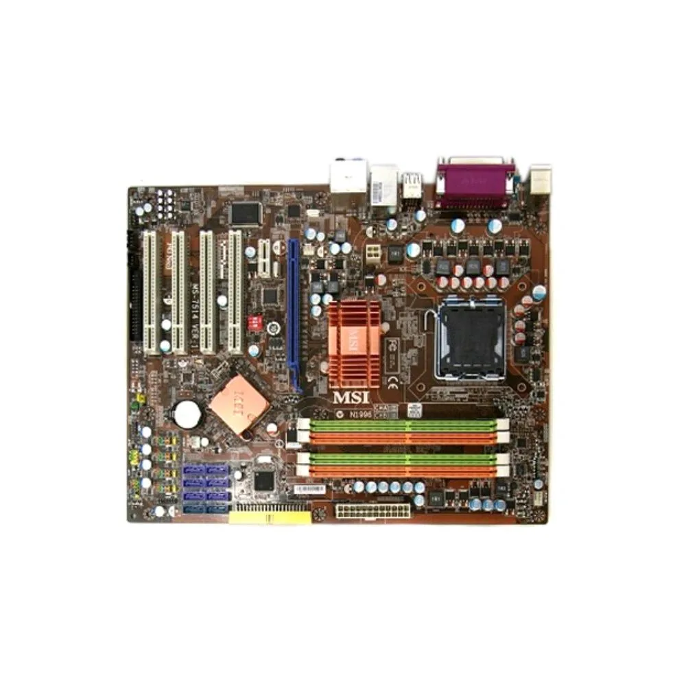 Green Micro ATX motherboard with silver LGA 775 socket and blue DDR2 slots
