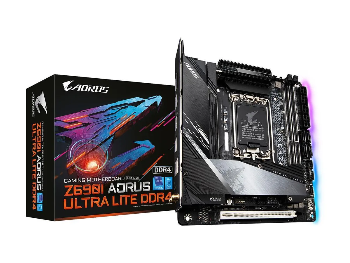 Compact Mini ITX motherboard, dark PCB with silver heatsinks and rear I/O shield