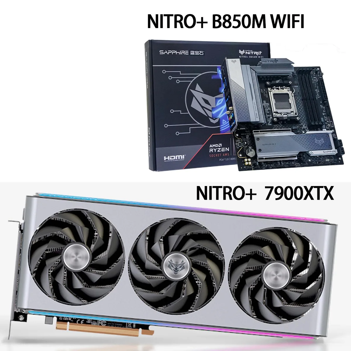 Sapphire Tech Sapphire Tech Radeon RX 7900 XTX NITRO+ 24GB graphics card and B850M WIFI motherboard combo — produktbild
