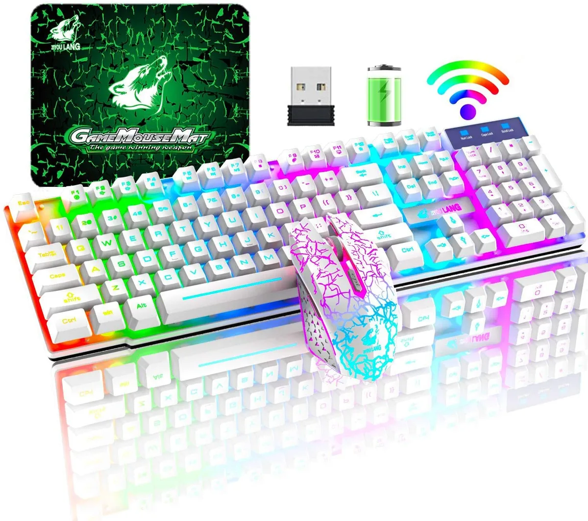 White wireless gaming keyboard with rainbow backlight and matching mouse on shared USB receiver