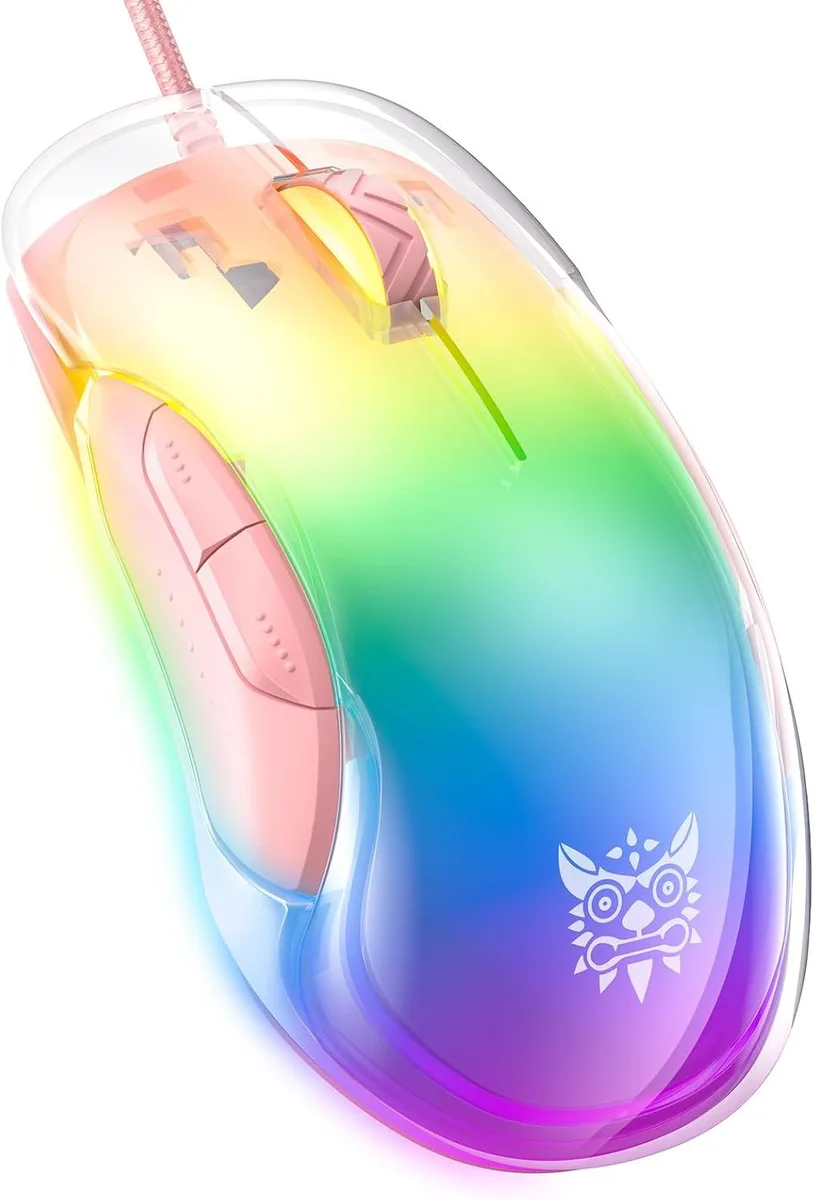 Pink wired gaming mouse with eight buttons and RGB lighting