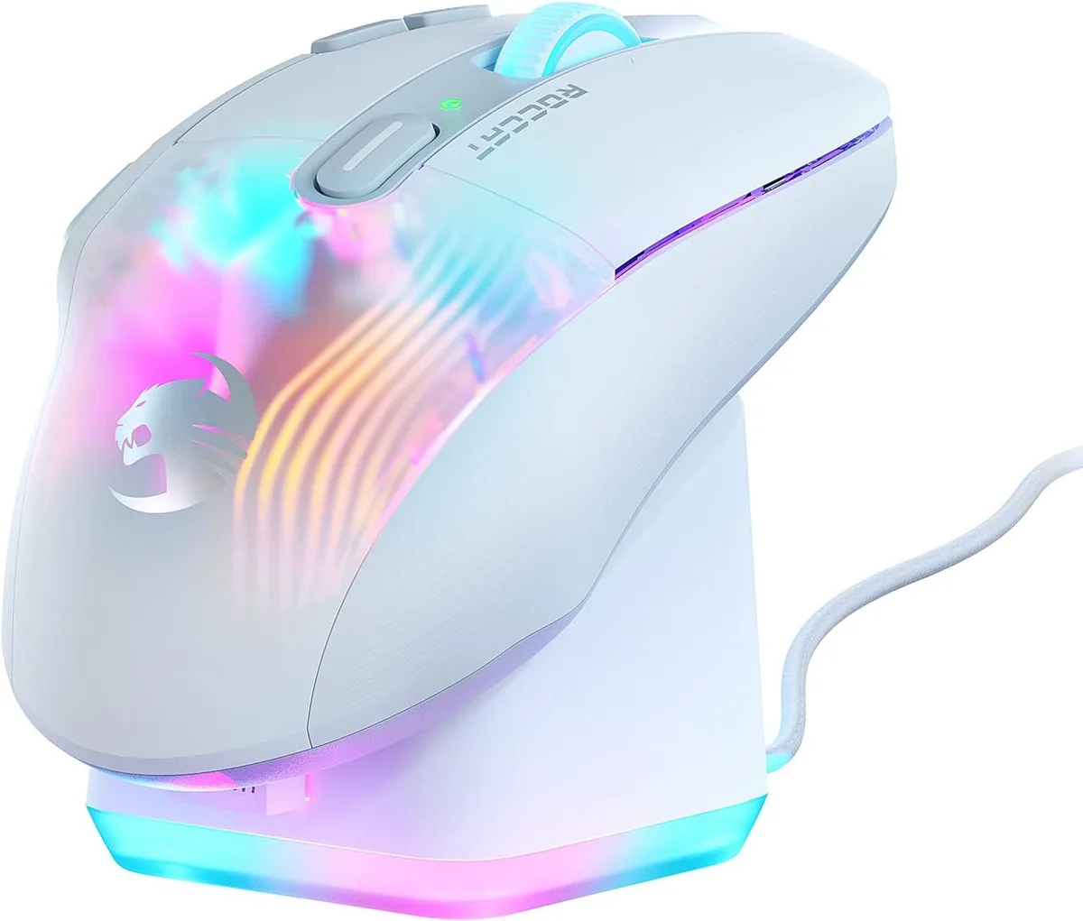White ergonomic wireless gaming mouse with sculpted right-handed shape, translucent shell, multi-button layout
