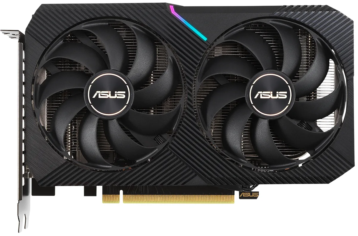 ASUS Dual RTX 3050 graphics card with two axial fans and metal backplate
