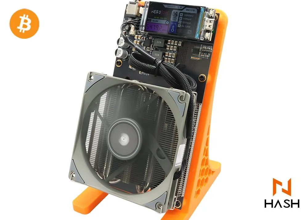 Compact orange-bracket desktop miner with integrated micro fan and USB-C port