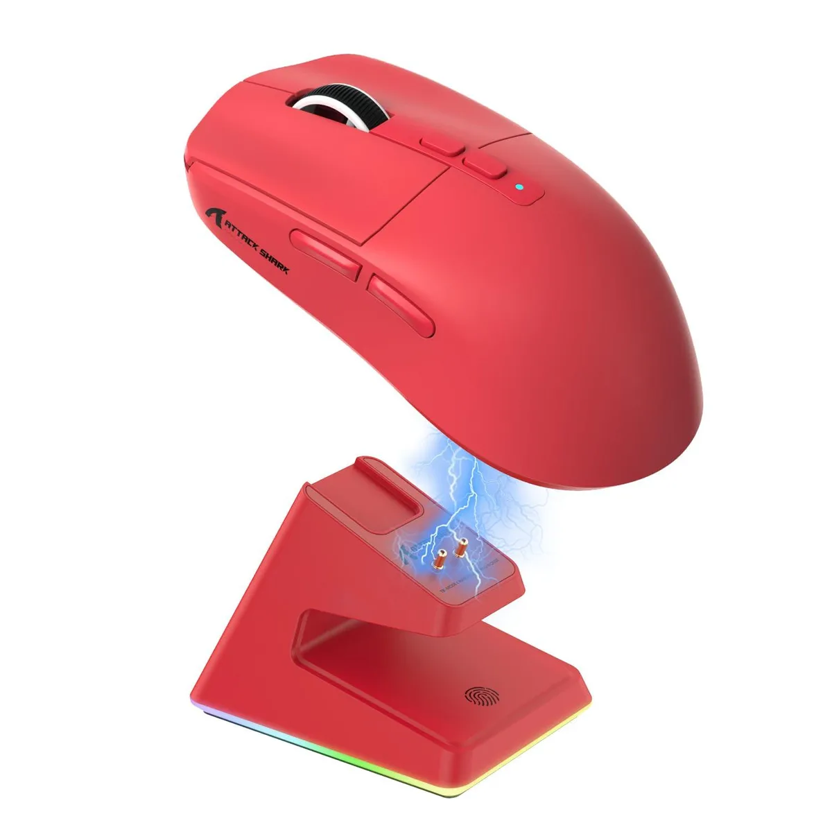 Red ultralight gaming mouse with magnetic RGB charging dock