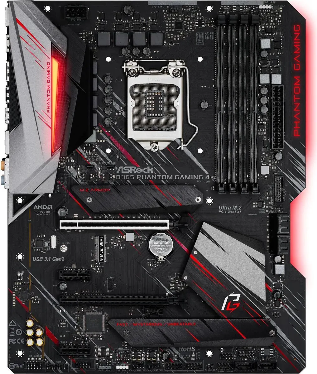 Black ATX motherboard with silver heatsinks and four DDR4 slots
