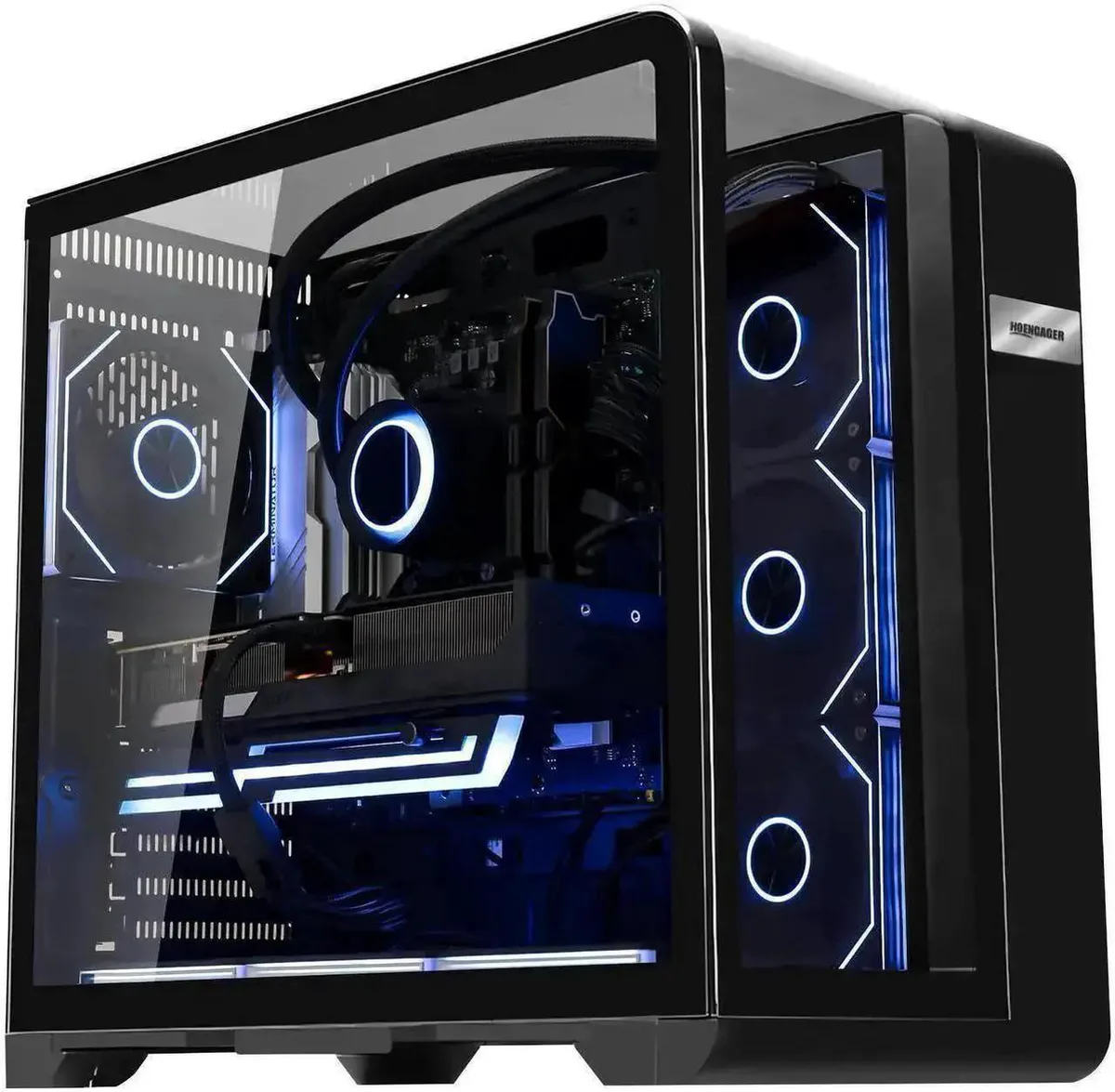 Black mid-tower gaming desktop with 360mm AIO liquid cooler and ARGB lighting