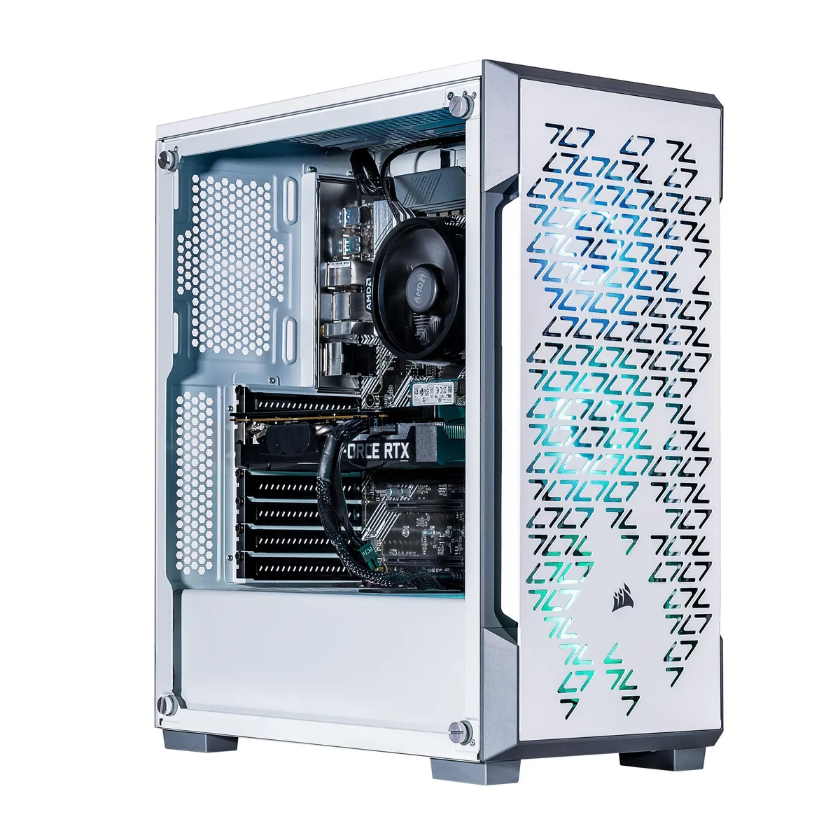 White mid-tower desktop with RGB fans and side panel