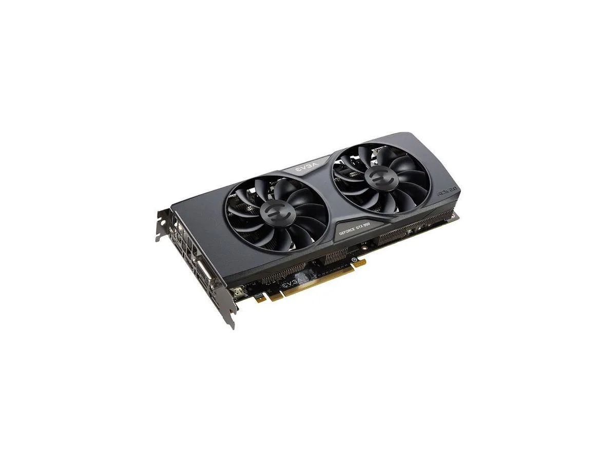 EVGA GeForce GTX 950 graphics card with dual-slot cooler and metal backplate