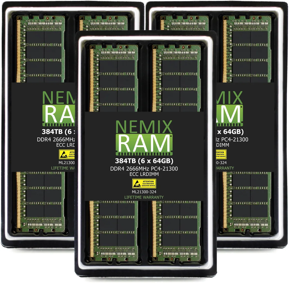 Six green DDR4 LRDIMM modules, no heat spreaders