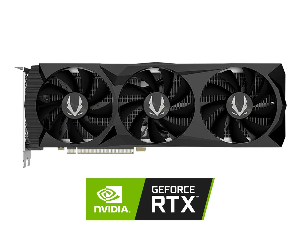 Black triple-fan graphics card with metal backplate, 12.13 inch length