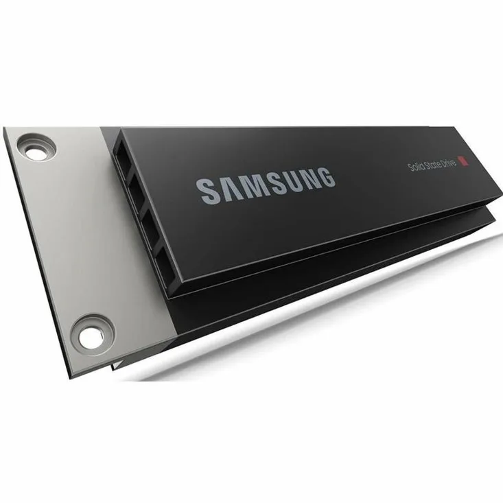 Rectangular E1.S enterprise SSD with silver label and gold edge connector
