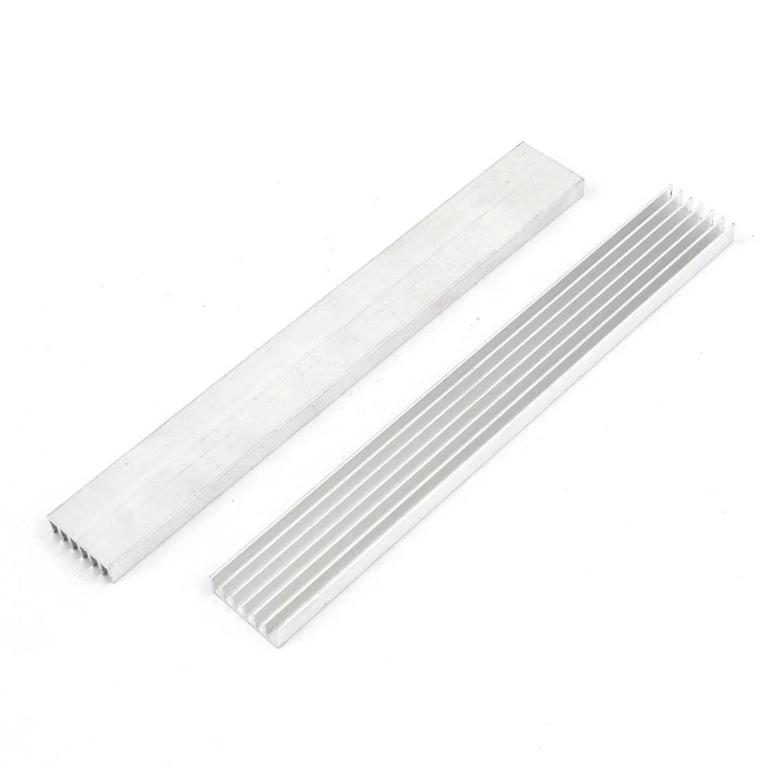 Two silver aluminium heatsinks, each 150 by 20 by 10 millimetres, finned rectangular blocks