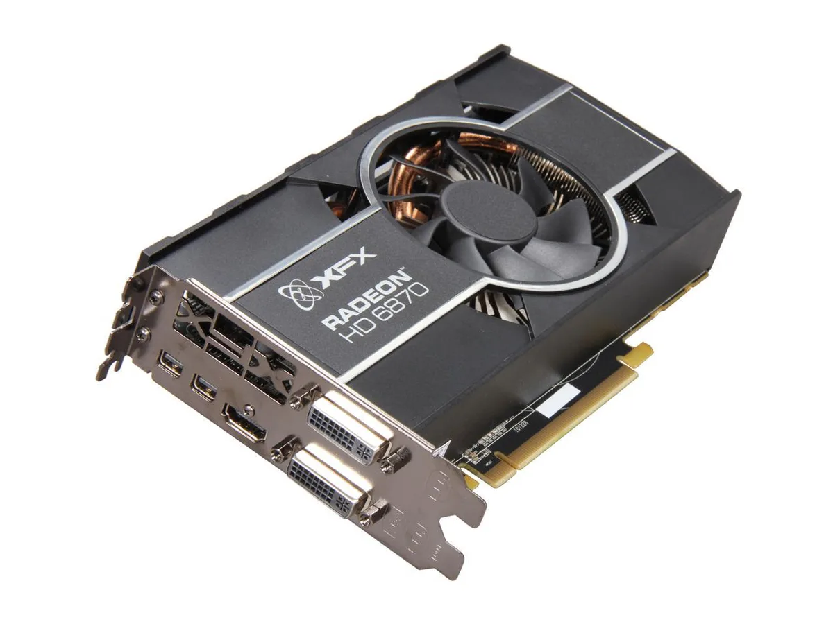 XFX Radeon HD 6870 graphics card, black dual-slot cooler with single fan, metal backplate, two DVI, one HDMI, two mini DisplayPort