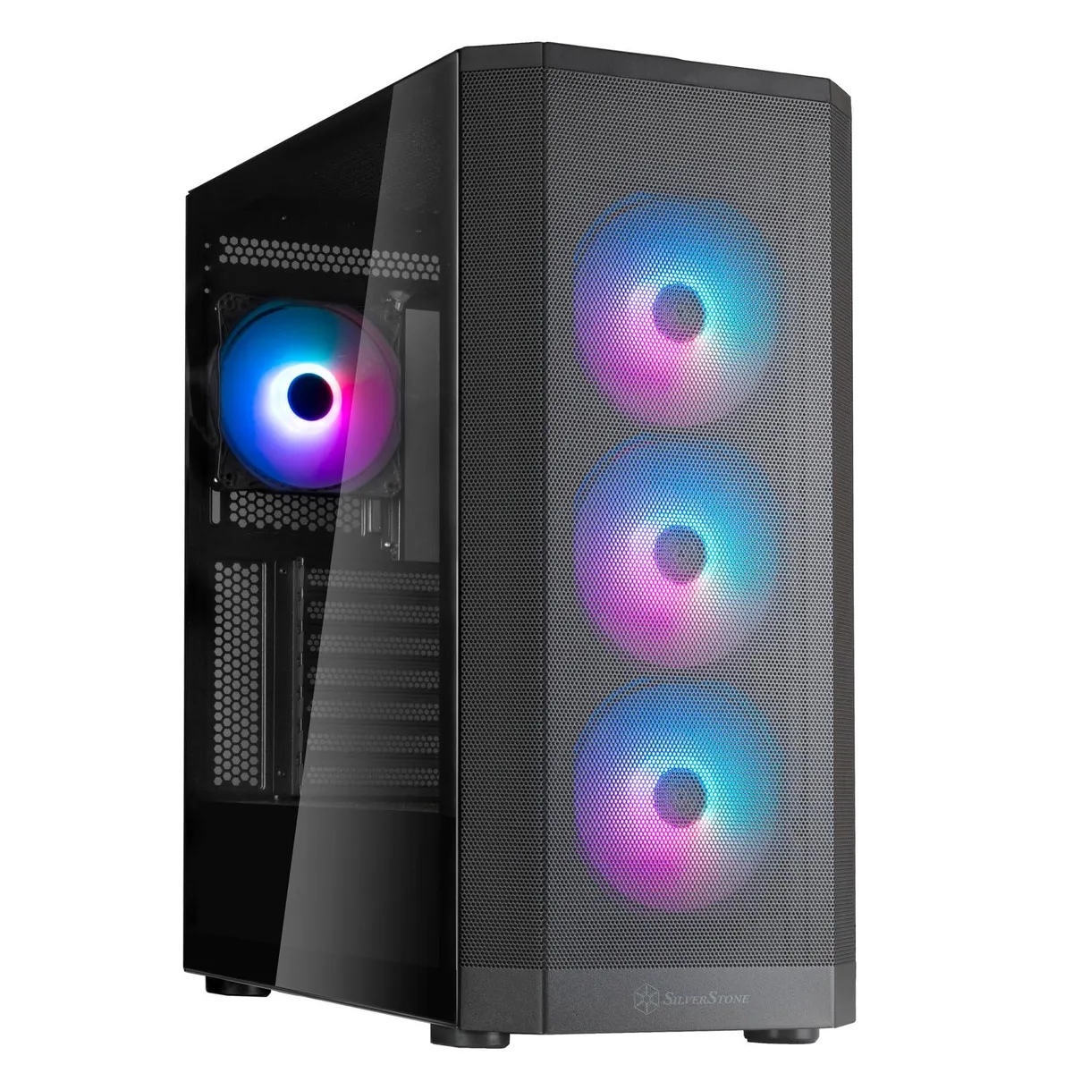 Black metal ATX tower with full front mesh panel and four ARGB fans installed