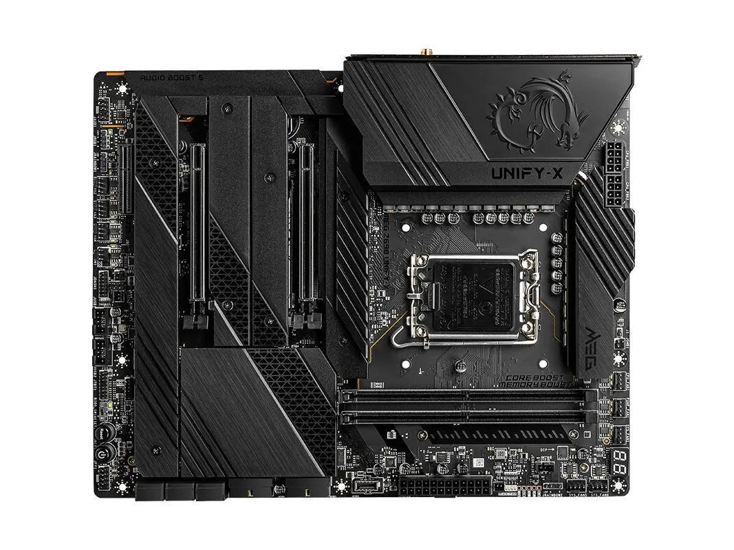 Black ATX motherboard with silver heatsinks and no RGB lighting