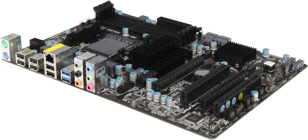 Rectangular ATX motherboard, dark brown PCB with black slots and blue SATA ports