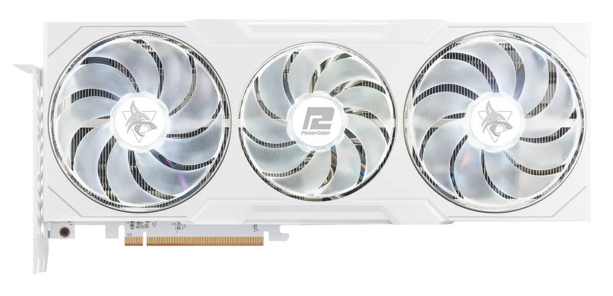 White triple-fan graphics card with silver accents, full-length ATX form factor, three-slot thickness