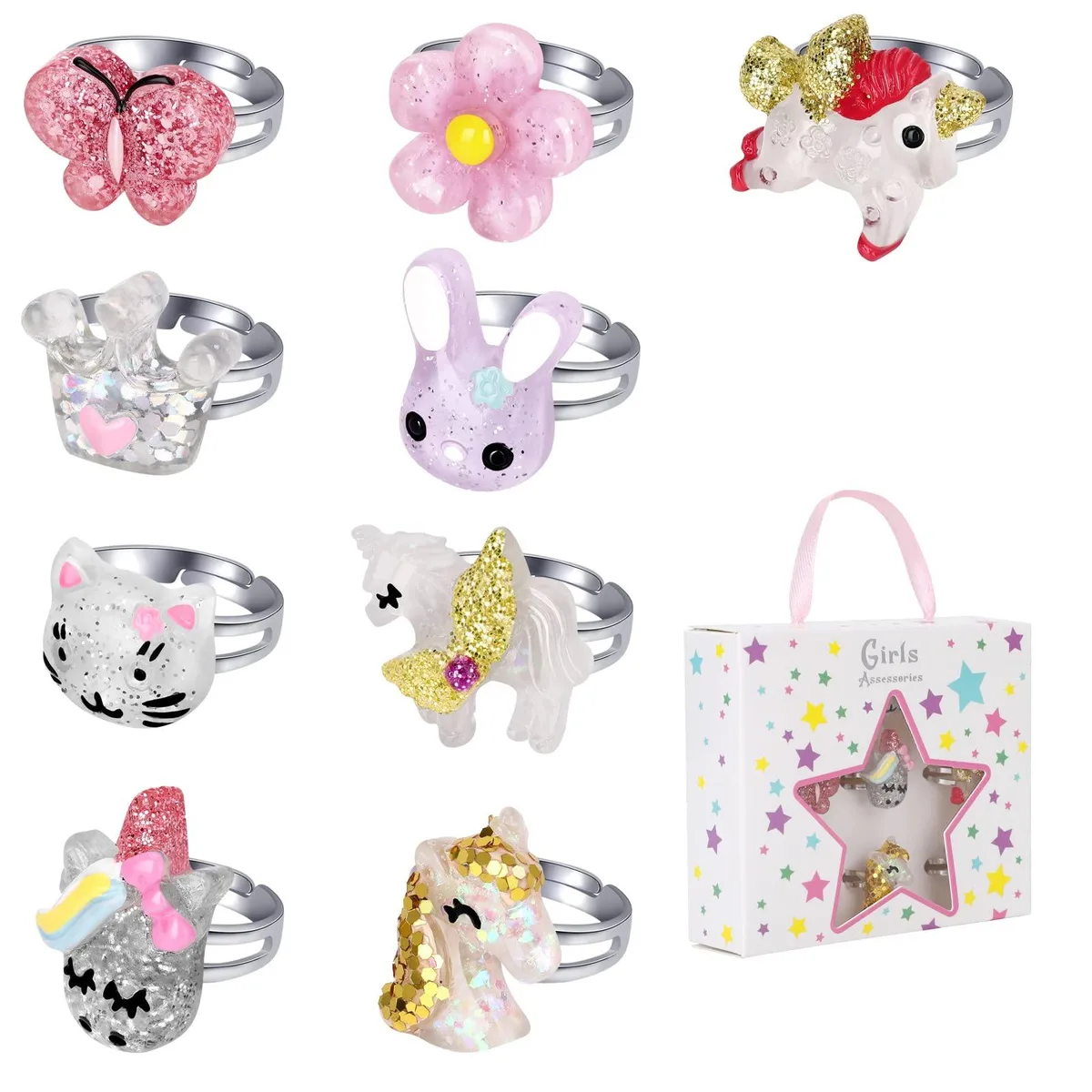  BGSHEMNI Little Girl Jewel Rings Set 9pcs 16mm Multicolor — صورة المنتج