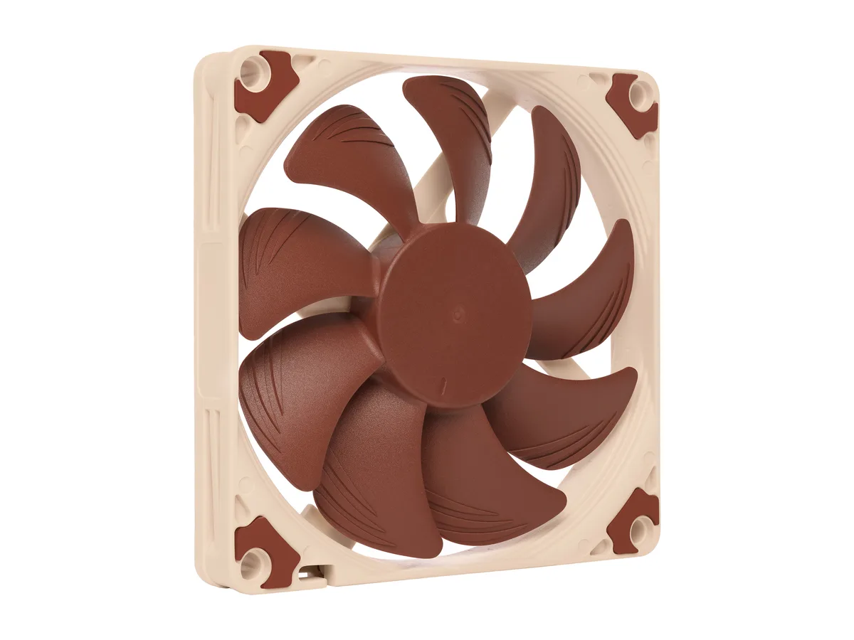 Brown 92mm square case fan 14mm thick with nine curved blades and rubber corner pads