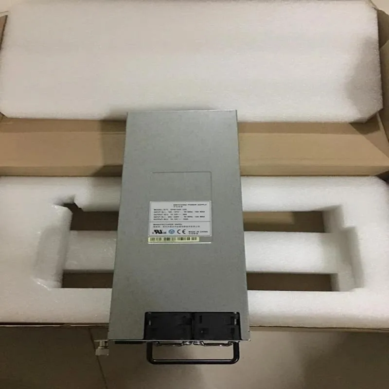 Rectangular metal power supply unit with matte black finish and rear fan grille
