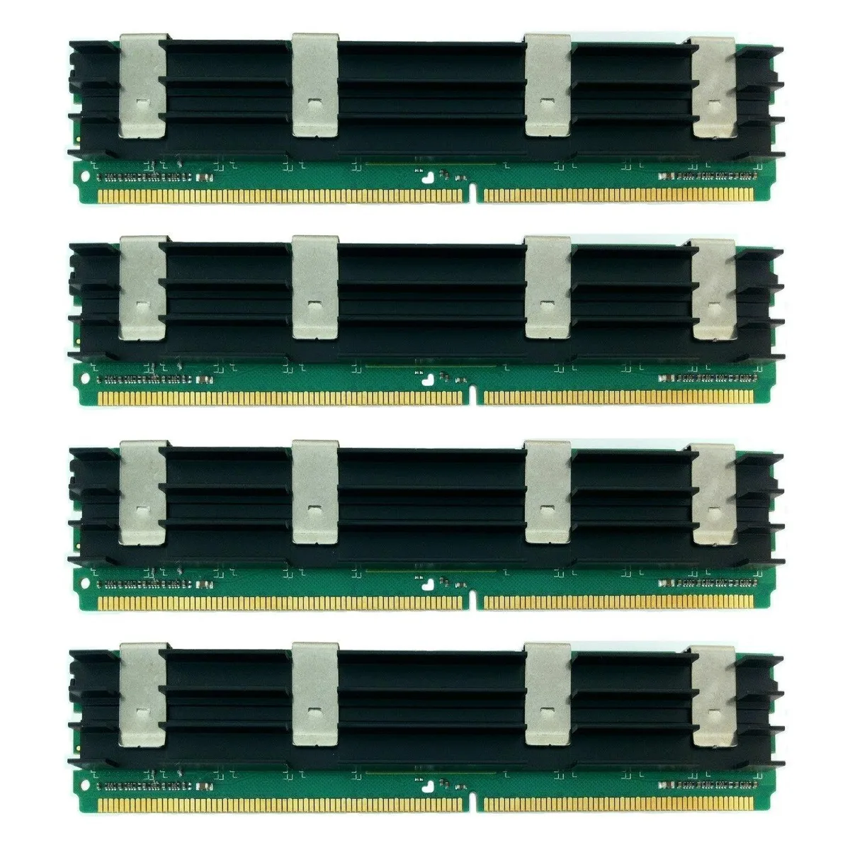 Four green memory sticks with silver heatspreaders and gold contacts