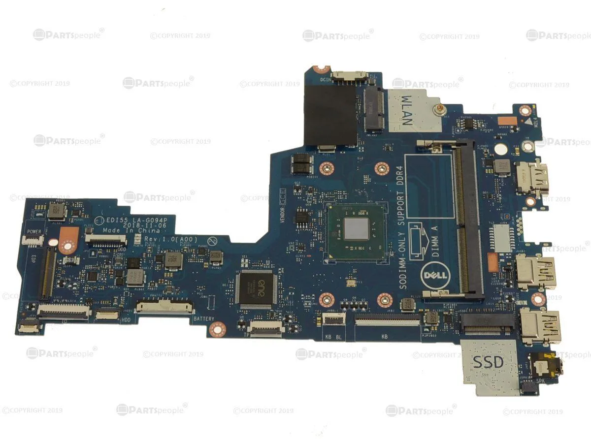 Green laptop motherboard with soldered Intel Celeron N4000 processor visible