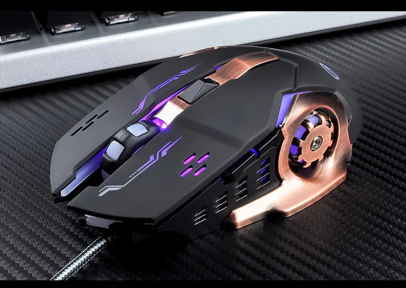 Wired stainless-steel gaming mouse with LED lighting and braided cable