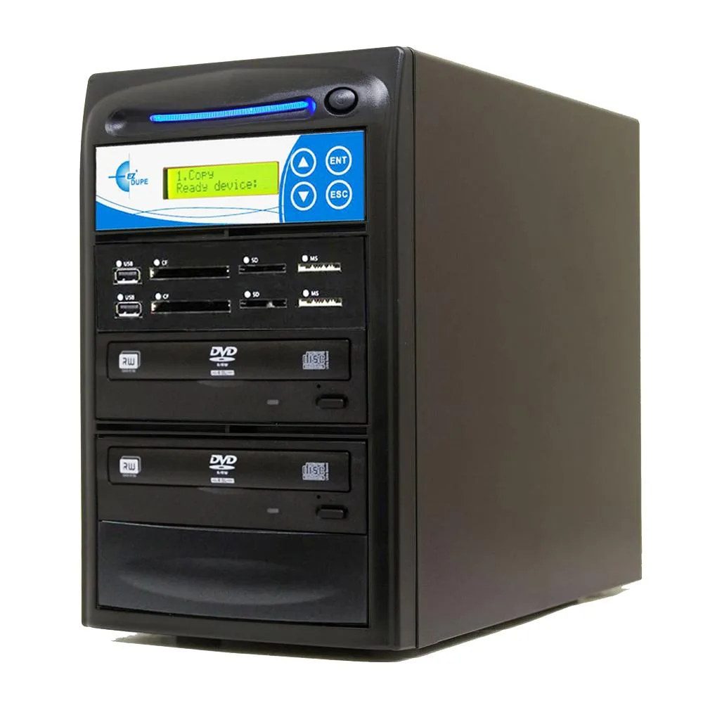 Rectangular standalone DVD duplicator with front slot drive and multi-format card reader slots