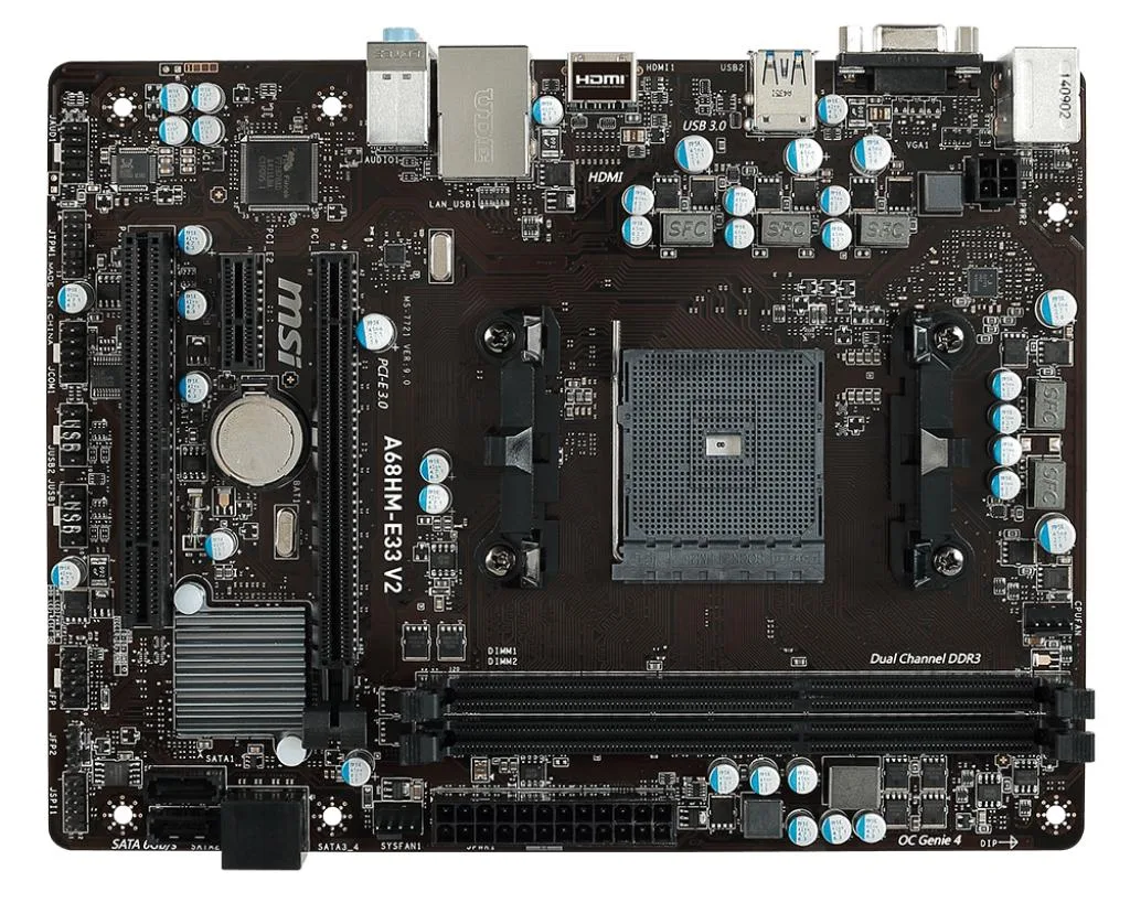 Green micro-ATX motherboard with black FM1 socket and four DDR3 slots