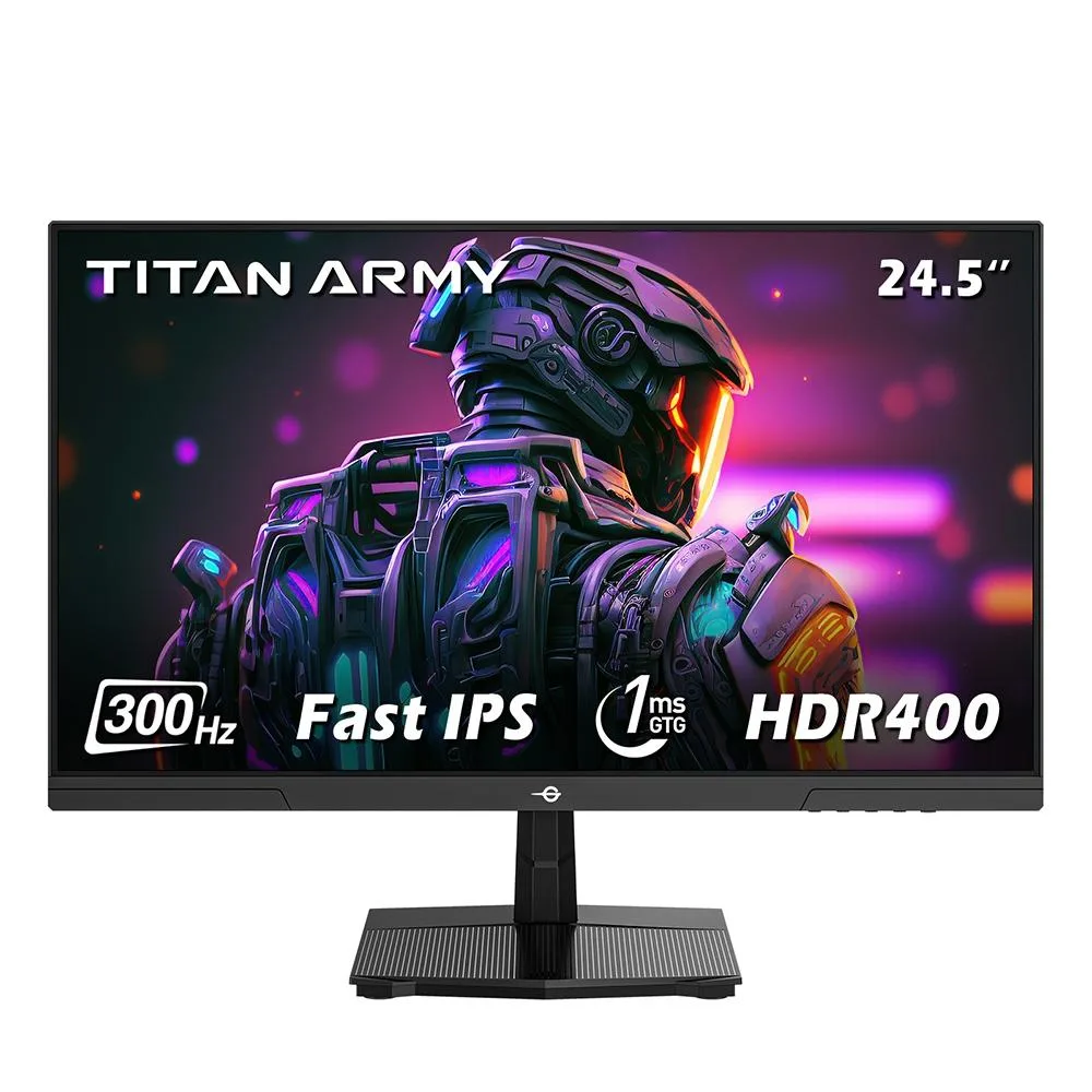 Flat 24.5 inch black monitor with thin bezels on three sides and a height tilt stand