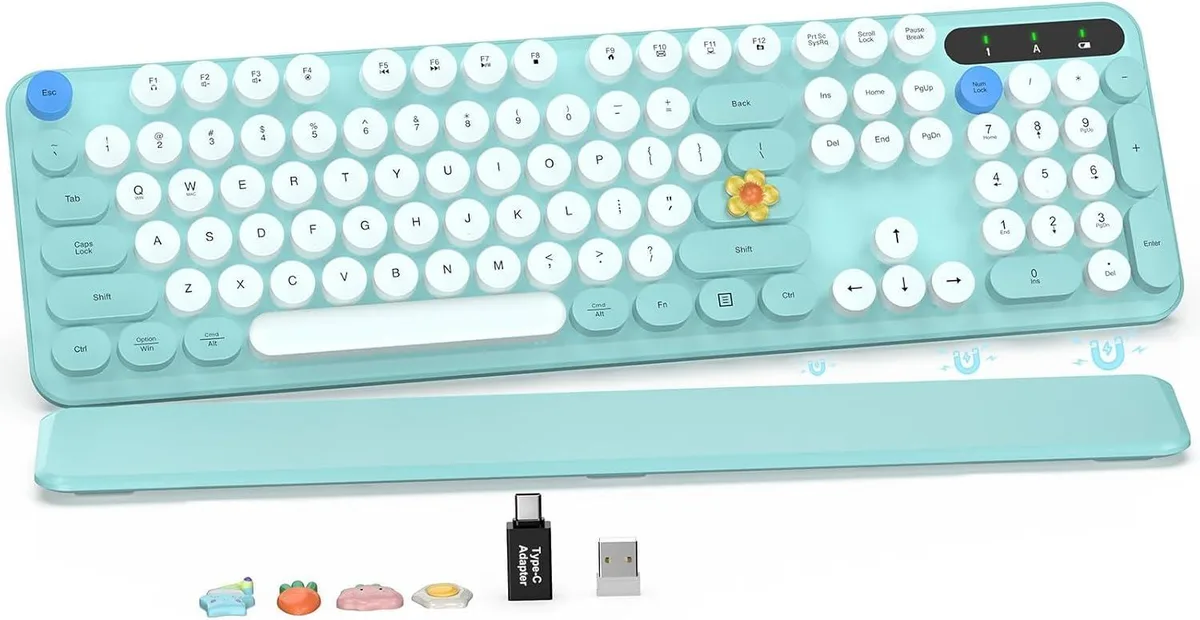 Tiffany blue full-size wireless keyboard with floating round keycaps and detachable magnetic wrist rest