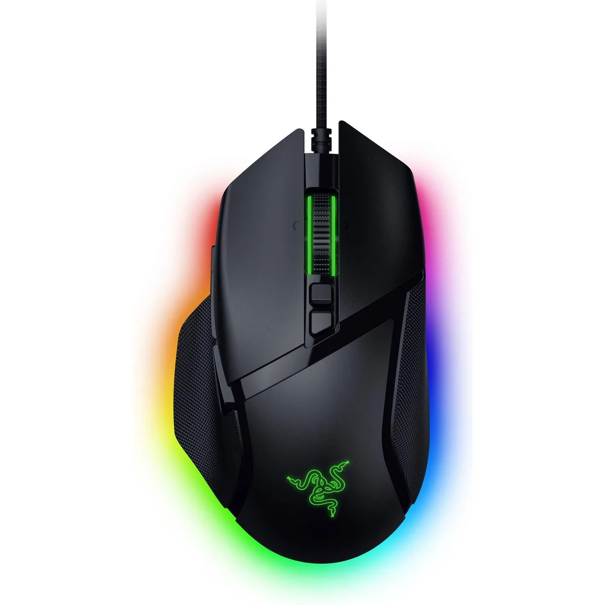 Black right-handed ergonomic gaming mouse with textured side grip, scroll wheel, and RGB underglow