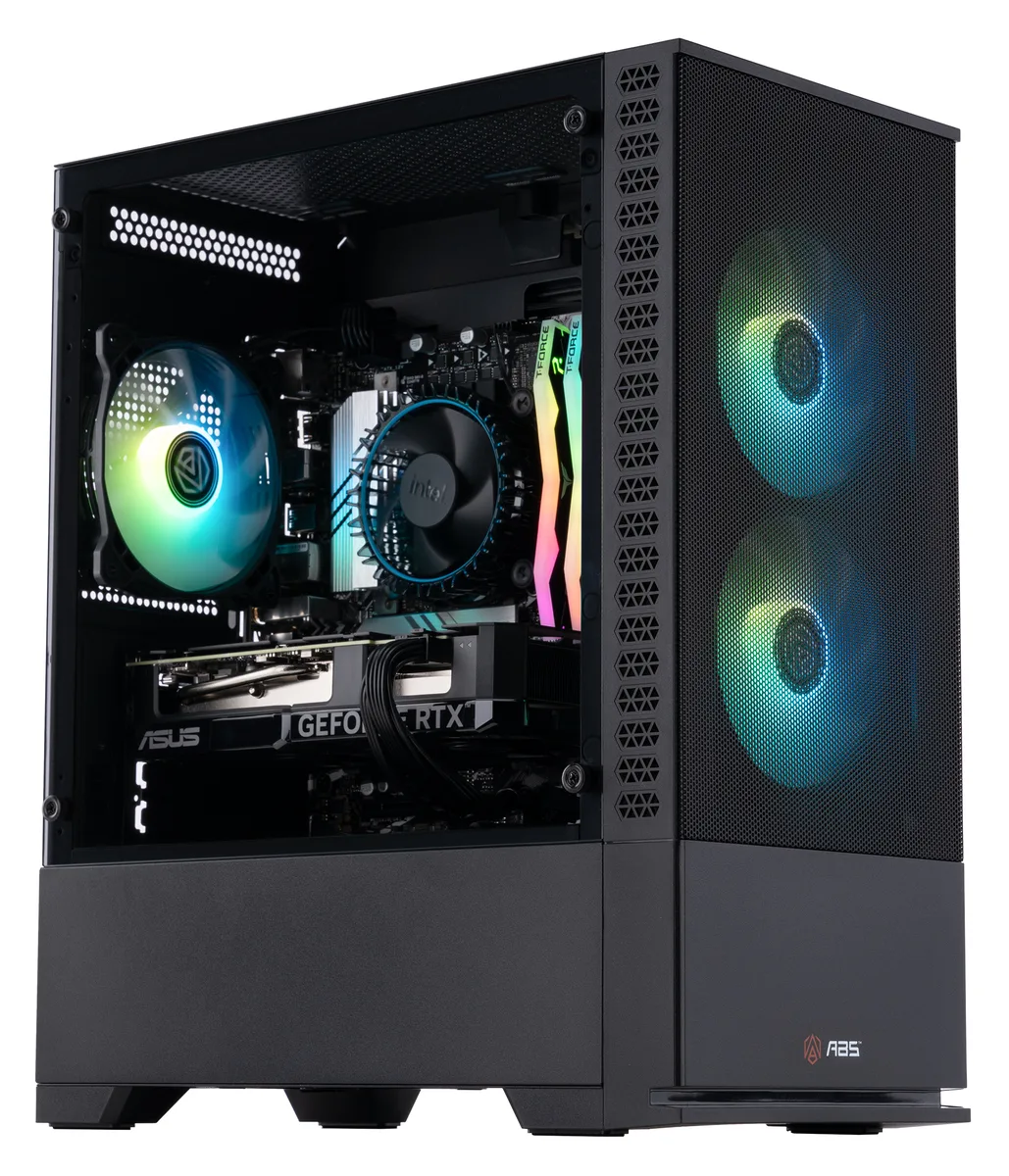 Black mid-tower gaming desktop with RGB-lit DDR5 memory visible through side panel