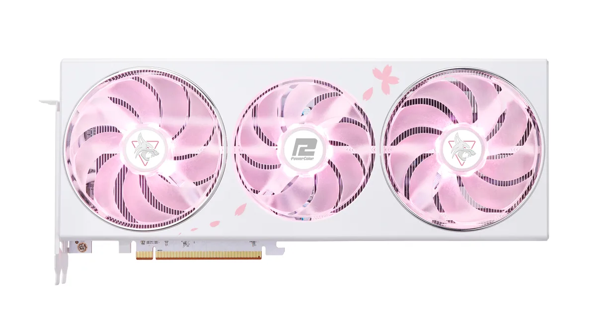 White triple-fan graphics card with sakura graphics, 2.5-slot ATX form factor