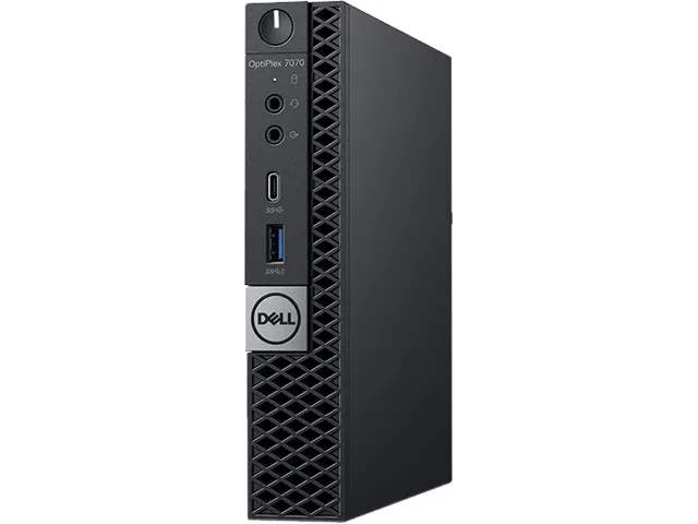 Small matte-black Micro desktop, palm-sized, with Dell logo on top