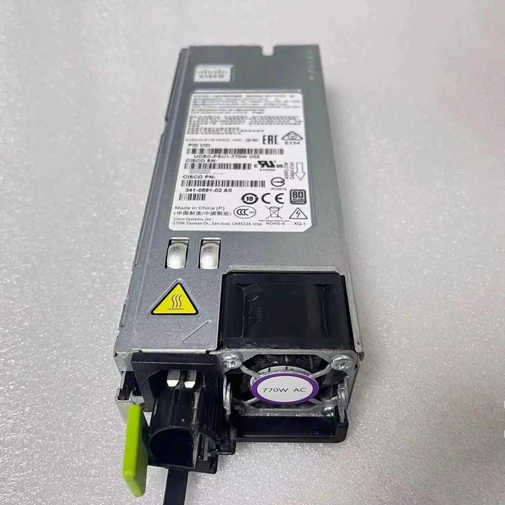 Rectangular ATX power supply unit, matte metal finish, cooling fan visible, 770W rating label