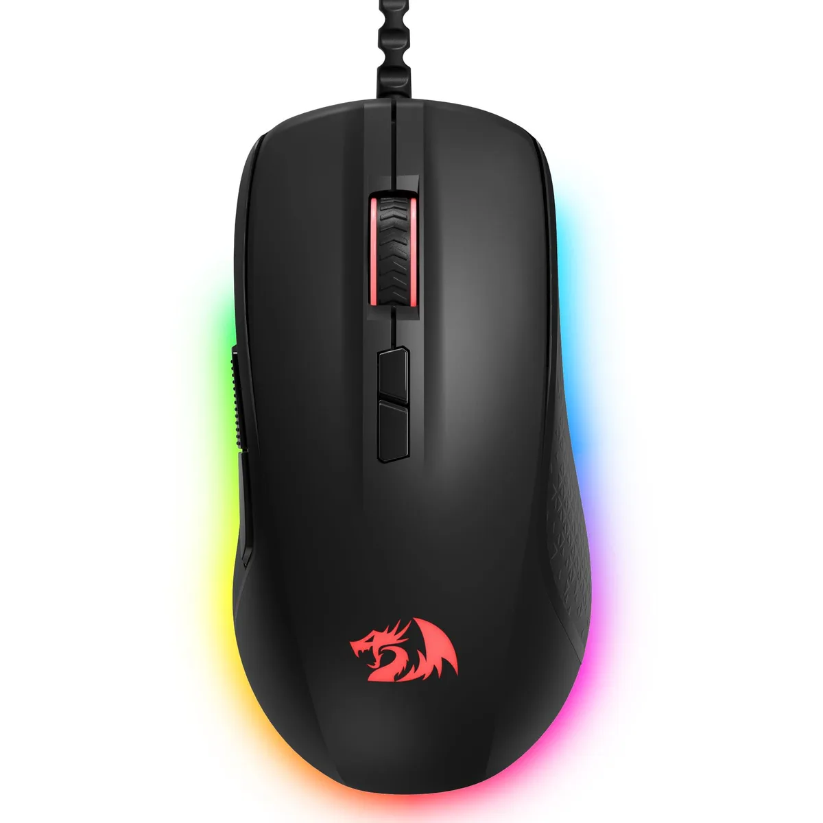 Black wired gaming mouse with ergonomic right-hand shape and RGB lighting strip